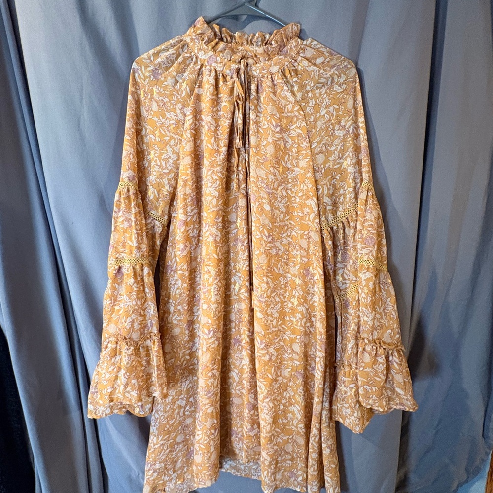 Loveriche Yellow Floral Ruffle Neck Long Sleeve Tunic Blouse L
